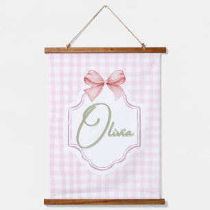 Olivia Personalisiert Pink Bow & Gingham Print Wandteppich Mit Holzrahmen