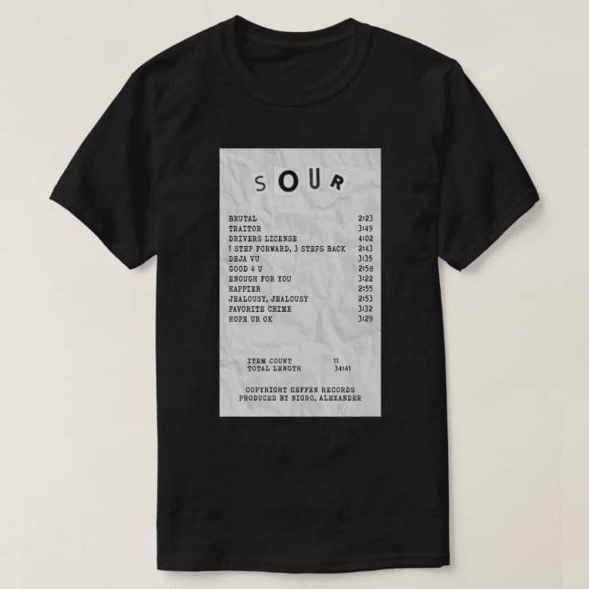 olivia rodrigo sour receipt  Poster T-Shirt (Design vorne)