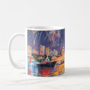 Ölmalerei auf der Leinwand des Seehafens von Sochi Kaffeetasse