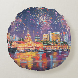 Ölmalerei auf der Leinwand des Seehafens von Sochi Rundes Kissen