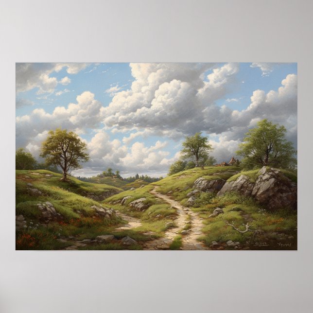 Ölmalerei auf gewundenem Weg durch Hügel der Hütte Poster (Vorne)