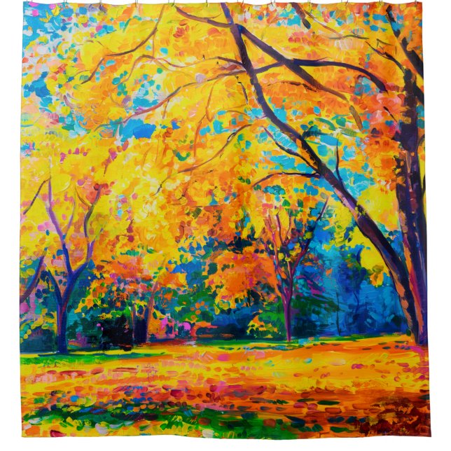  Ölmalerei auf Leinwand. Gelbe Bäume. Moderne Kuns Duschvorhang (Vorderseite)