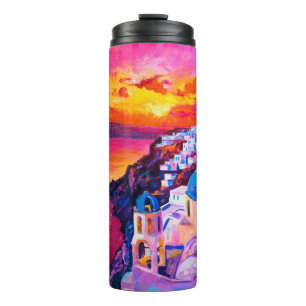 Ölmalerei auf Leinwand. Sonnenuntergang über der Thermosbecher