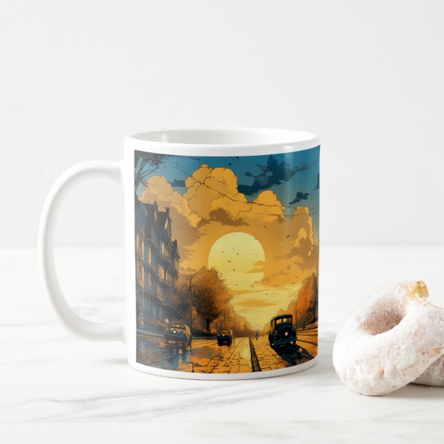 Ölmalerei der Stadt und der Sonne Kaffeetasse (Mit Donut)