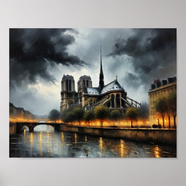Ölmalerei Notre Dame de Paris in der Nacht Poster (Vorne)