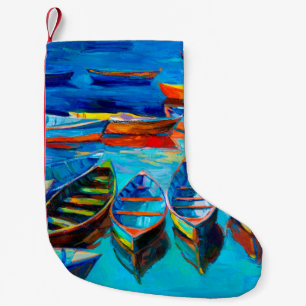 Ölmalerei von Booten und Meer auf der Leinwand. S Kleiner Weihnachtsstrumpf
