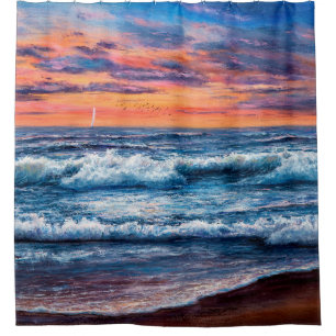 Ölmalerei von Ozean und Strand auf Leinwand. Rich Duschvorhang