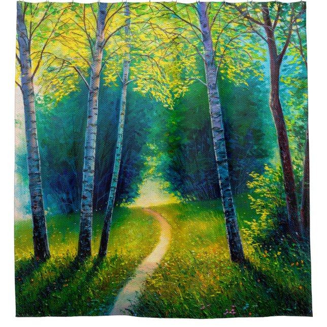 Ölmalerei Waldlandschaft, schöne Sonnenstrahlen Duschvorhang (Vorderseite)