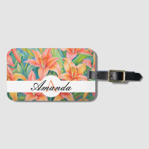Ölpastel Orange & Green Lily Muster Monogrammiert Gepäckanhänger