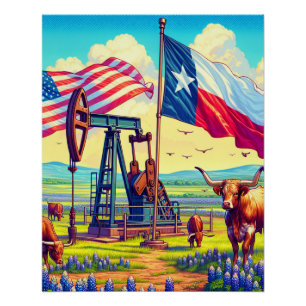 Ölpumpe und einsame Rinder in Texas Poster