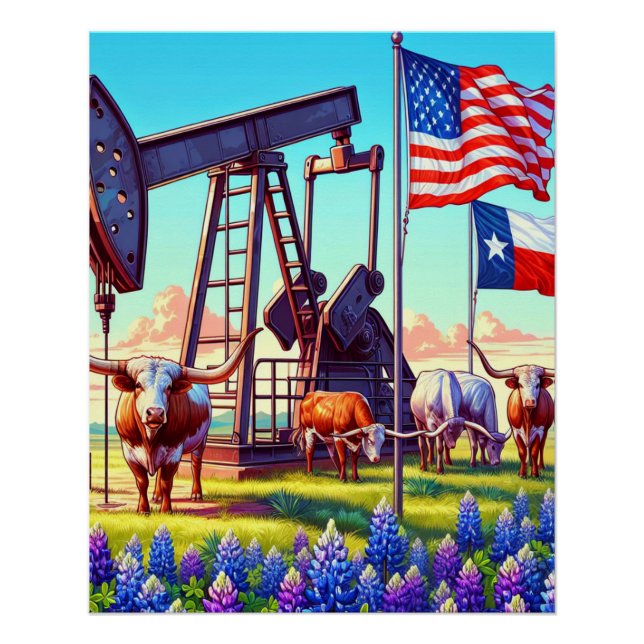 Ölpumpe und einsame Rinder in Texas Poster (Vorderseite)