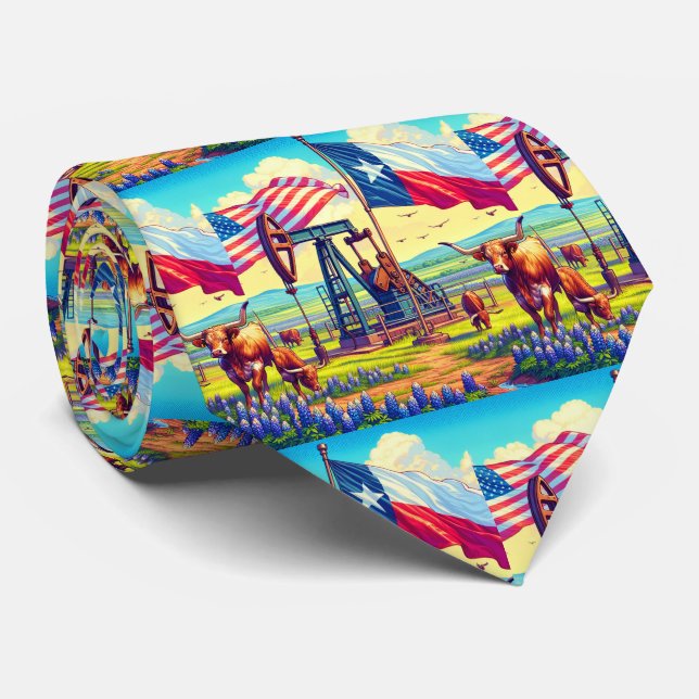 Ölpumpen Jack Texas American Flag Longhorn Steer Krawatte (Gerollt)