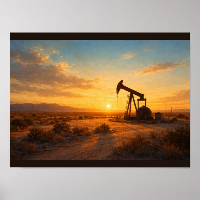 Ölpumpen-Silhouette bei Sonnenuntergang Poster (Vorne)