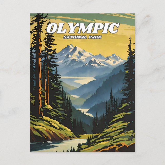 Olympic National Park Illustration Retro Decorativ Postkarte (Vorderseite)