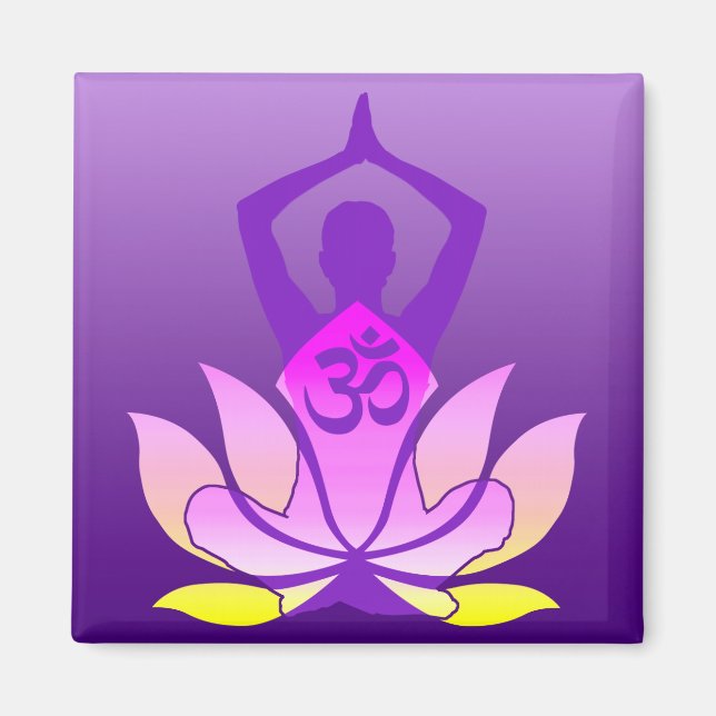 Om Lotus Blume Yoga Pose auf Lila Gradient Magnet (Vorne)