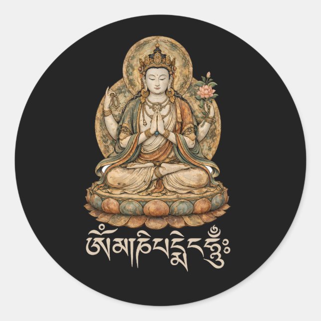 Om Mani Padme Hum Mantra Compassion Chenrezig Runder Aufkleber (Vorderseite)