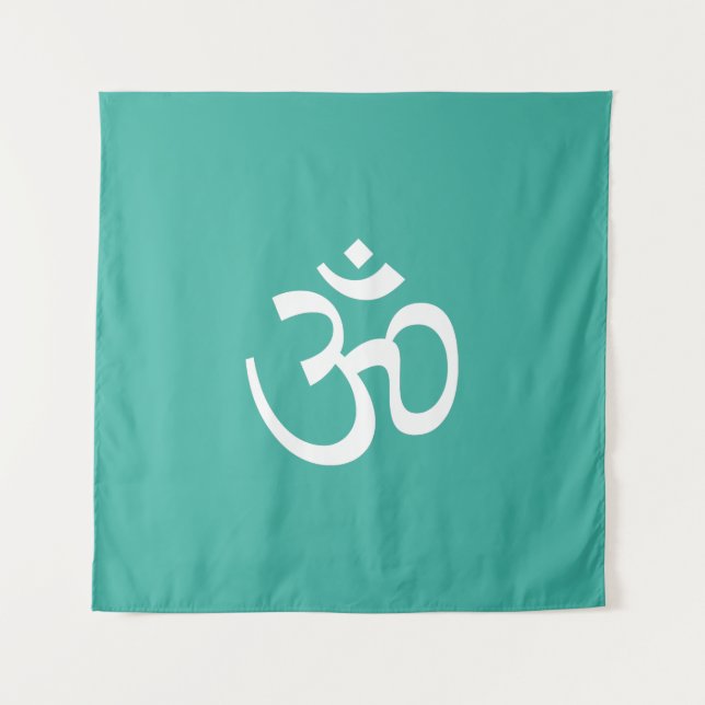 Om Om Kontur Symbol aquamarin Weiß Hinduismus Symb Wandteppich (Vorderseite)