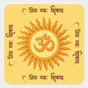 Om Symbol in Radiant Sun Spirituelle Hindudesign Quadratischer Aufkleber