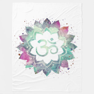 -* OM Symbol Lotus Blume Mandala Weiß Aquamarin Fleecedecke