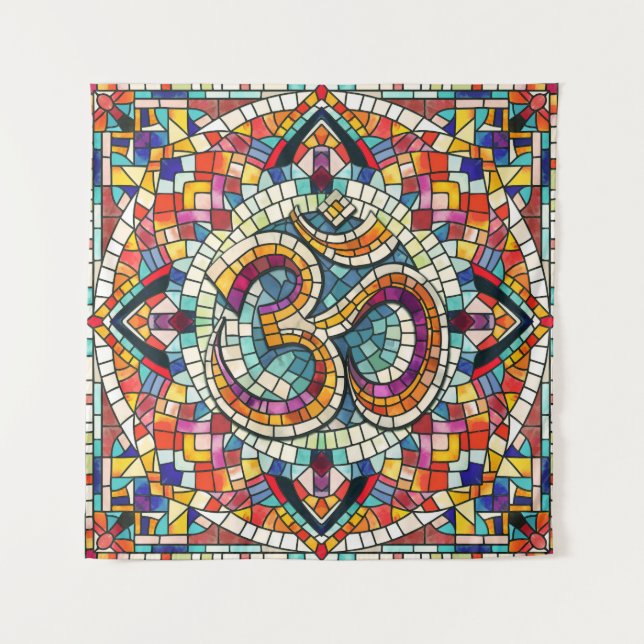 OM Symbol Lotus Mandala Mosaic Wandteppich (Vorderseite)