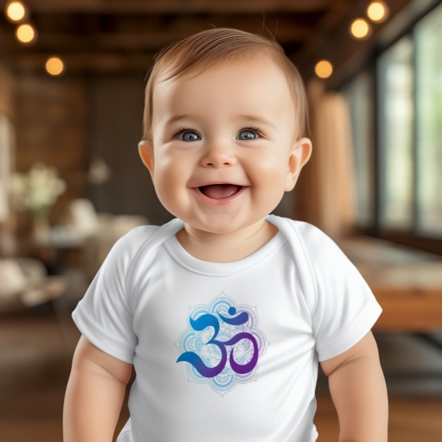 Om Symbol Mandala Blume White Baby Strampler (Cute White Body Suit with Purple and Blue Om Mandala. Great gift for Yoga Moms!)
