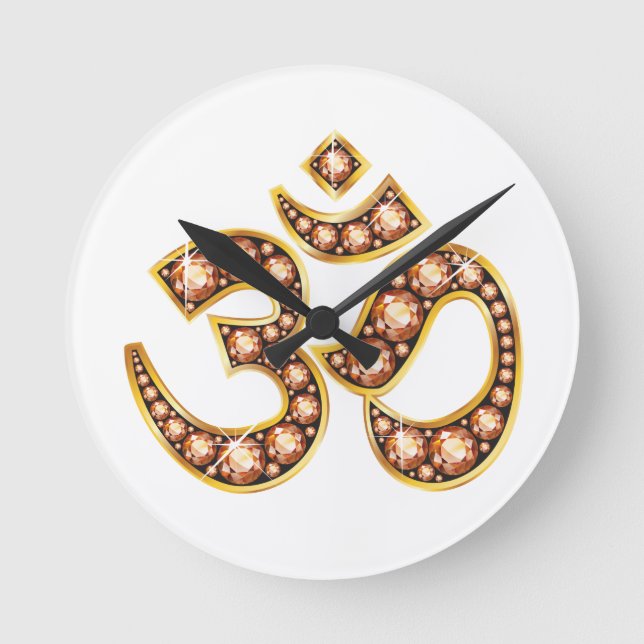 Om-Symbol mit "Amber"- oder "Topaz"-Steinen Runde Wanduhr (Vorderseite)