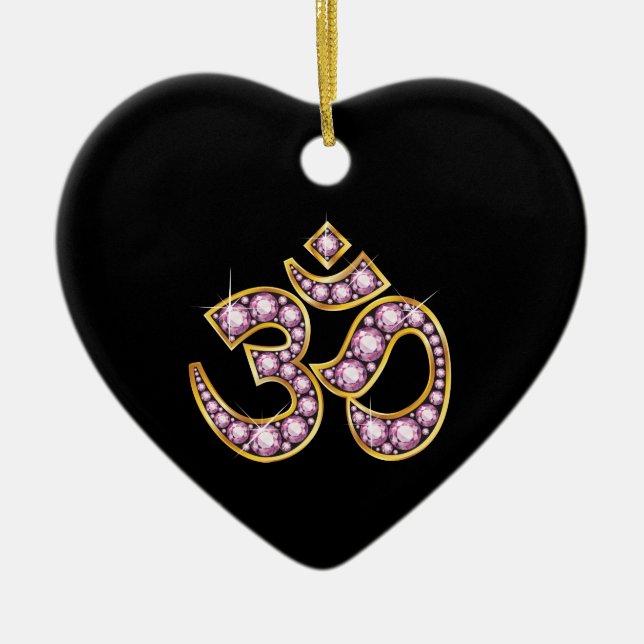 Om-Symbol mit "Rose Quartz"-Steinen Keramik Ornament (Vorne)