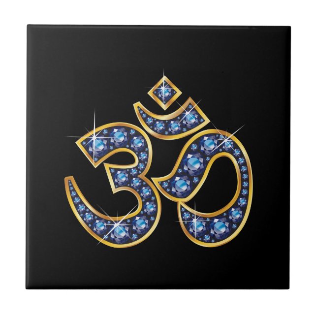Om Symbol mit "Sapphire" Stones Fliese (Vorderseite)
