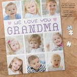 Oma 9 Foto Collage Herz Custom Colors Puzzle<br><div class="desc">Erstellen Sie ein besonderes Aktivitätsgeschenk und bewahren Sie die stolze Oma, die die Enkel oder Enkel und Familienfotos ihres Enkelkindes mit einem personalisierten Puzzle präsentiert, das eine leicht hochzuladende Collage aus Foto mit 9 Bildern enthält. Der Titel WE LIEBE YOU GRANDMA wurde mit Herz in Ihrer Farbauswahl für bearbeitbare Texte,...</div>