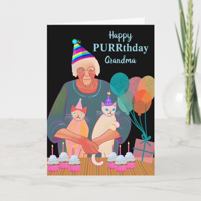 Oma Birthday Katzen mit Party Hats Cupcakes Karte (Vorderseite)
