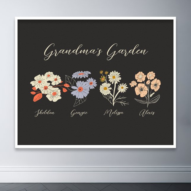 Oma-Blumengarten Custom 4 Name Vintage Blumen Poster (grandma flower garden grandkids name floral poster)