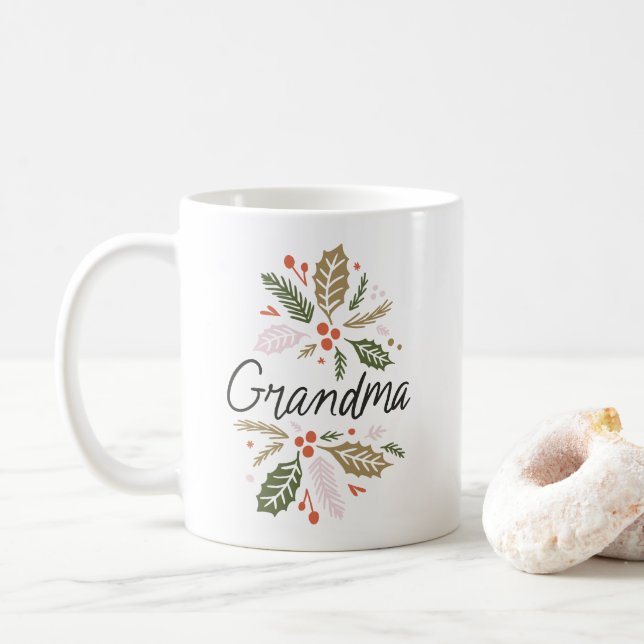 Oma Bright Holly Christmas Black Script Kaffeetasse (Mit Donut)
