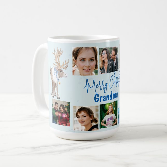 Oma Christmas Family Foto Collage Blue Deer Kaffeetasse (Vorderseite Links)