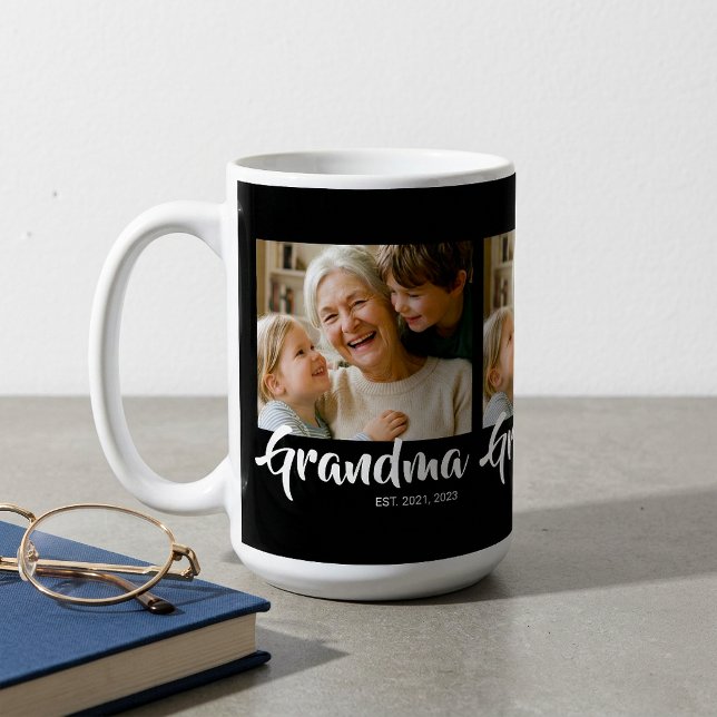 Oma Established Schrift Black 3 Foto Kaffeetasse (Grandma Established Script Photo Mug)