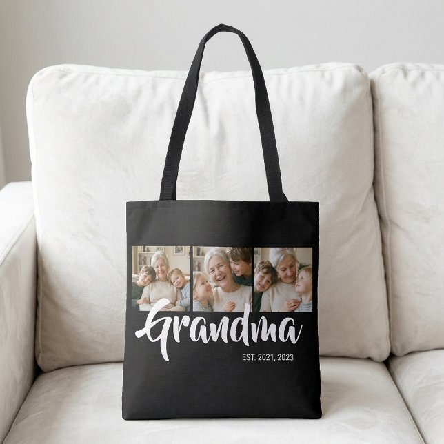 Oma Established Schrift Schwarz 3 Foto (Grandma Established Script Black 3 Photo Tote Bag)