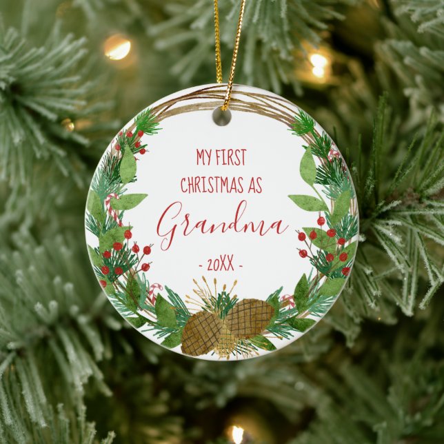 Oma First Christmas Rustikales Baby Foto Keramik Ornament (Baum)