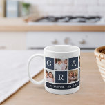 Oma Foto Collage & Grandchildren Namen Kaffeetasse<br><div class="desc">Schaffen Sie einen süßen Sake für eine geliebte Großmutter an diesem Muttertag oder Großelterntag. Dieses schlichte Design umfasst sieben Ihrer beliebten Fotos auf dem Platz oder in Instagram, die in einem Collage-Layout mit abwechselnden Quadraten in Marineblau angeordnet sind und "Oma" ausdrücken. Personalisieren Sie Ihre Lieblings-Fotos mit Ihren Enkelkindern, und fügen...</div>