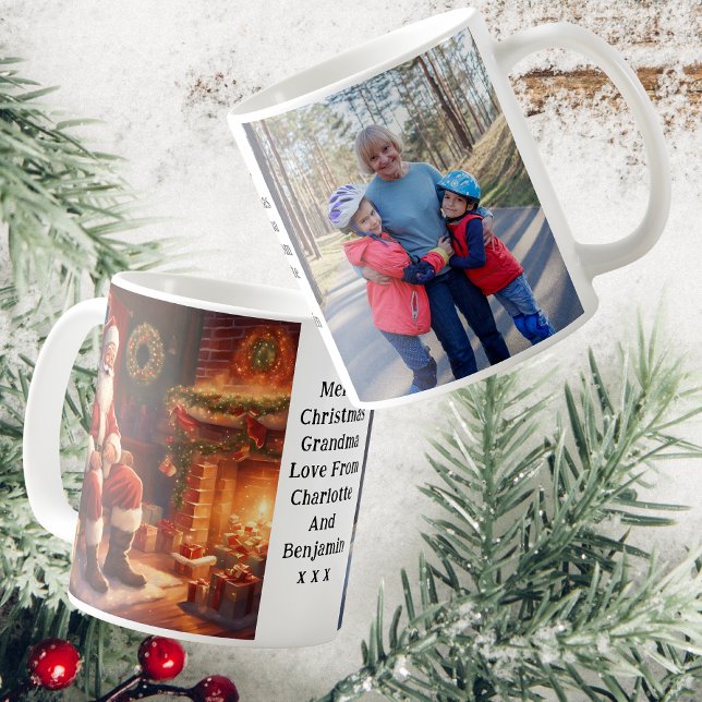 Oma Foto | Santa Sitting am Kamin Kaffeetasse (Front, Back And Side View)