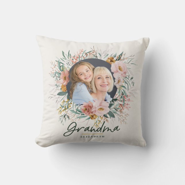 Oma Geschenk 2 Foto Rosa Girl Aquarell Blütenfarbe Kissen (Vorderseite)