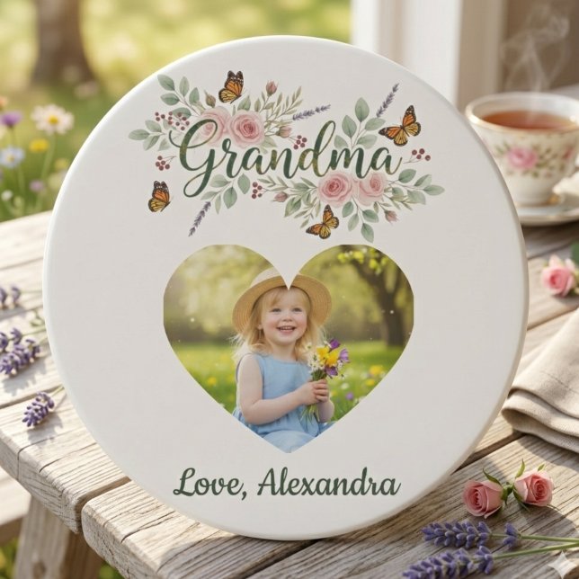 Oma-Geschenk-Untersetzer - Florales Foto Getränkeuntersetzer (Personalized Photo Grandma coaster gift)