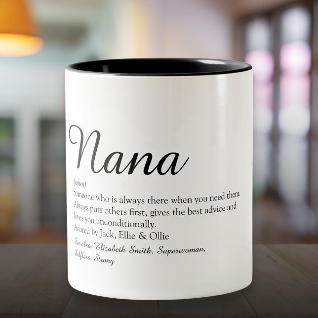 Oma, Granny, Nana Definition Script Zweifarbige Tasse (Grandma, Granny, Nana Definition Script Two-Tone Coffee Mug)