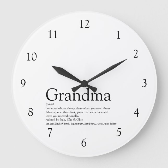 Oma, Großmutter, Oma Zitat schwarz und weiß Große Wanduhr (Vorderseite)
