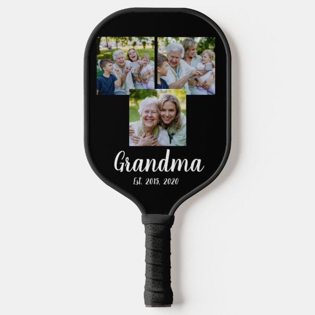 Oma hat moderne Schrift Schwarz 3 Foto eingerichte Pickleball Schläger (Vorderseite)