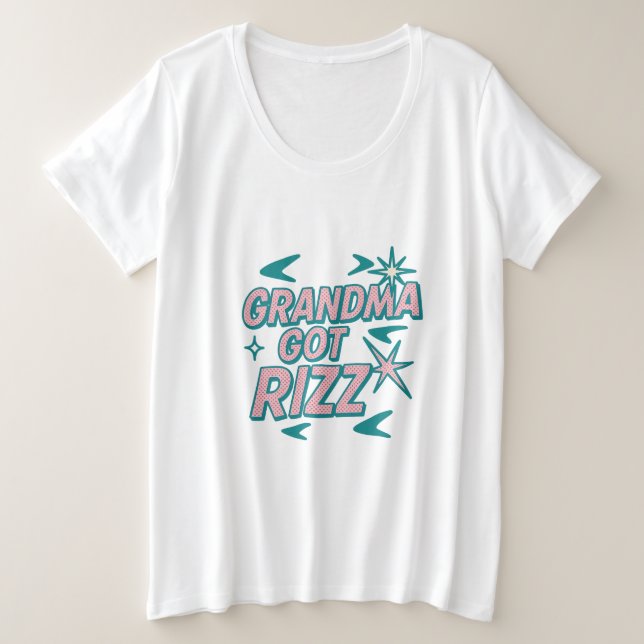 Oma hat Rizz — Atomisches Türkis-Rosa Pop Große Größe T-Shirt (Design vorne)