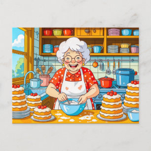 Oma kocht Pfannkuchen Illustration Feiertagspostkarte