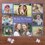 Oma Liebe Sie Foto Collage Lila Puzzle<br><div class="desc">Ein lustiges Foto Collage lila Puzzle für das größte Oma der Welt. Man kann mit acht Fotos von Enkeln, Kindern, Haustieren usw. personalisieren, den Ausdruck "I Liebe You" oder "We Liebe You" anpassen, und ob sie "Oma", "Nana", "Mommom" usw. heißt, und die Enkel und andere Namen in weißer Typografie hinzufügen....</div>