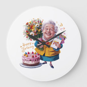 Oma mit Fahrrad, Kuchen und Ballons Große Wanduhr