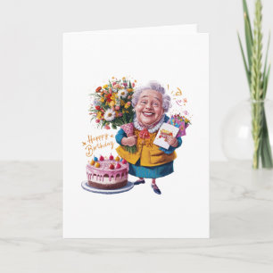 Oma mit Fahrrad, Kuchen und Ballons Karte
