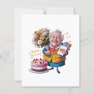 Oma mit Fahrrad, Kuchen und Luftballons