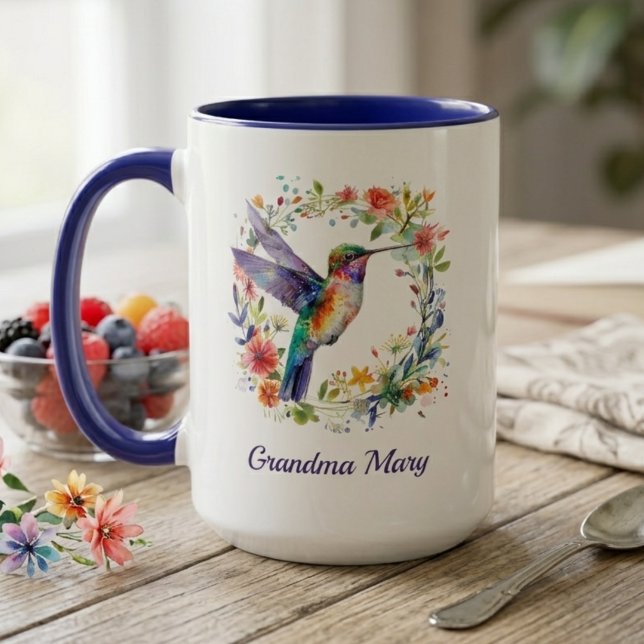 Oma Name Tasse mit Kolibri Blumen Geschenk  (Watercolor hummingbird mug with grandma's name — beautiful Mother's Day gift for grandma)